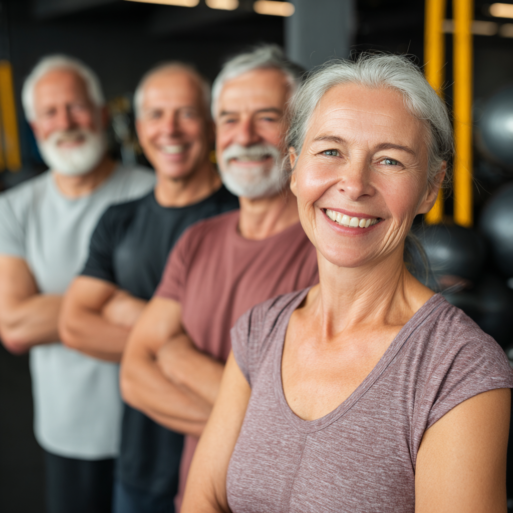 Smiling middle-aged Ukrainian woman in workout clothes performing core strengthening exercise in modern fitness studio