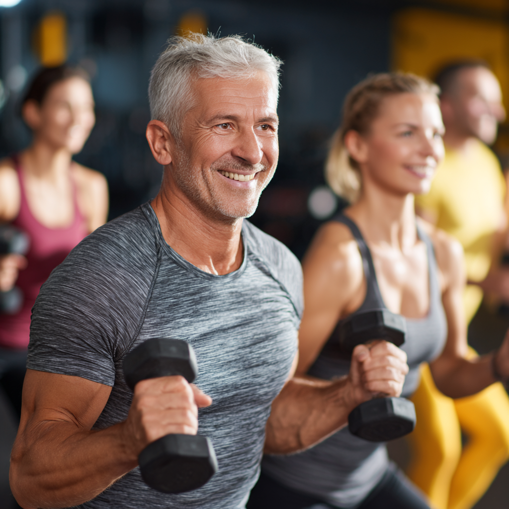 Group of smiling Ukrainian adults of different ages performing balance exercises together in bright fitness room